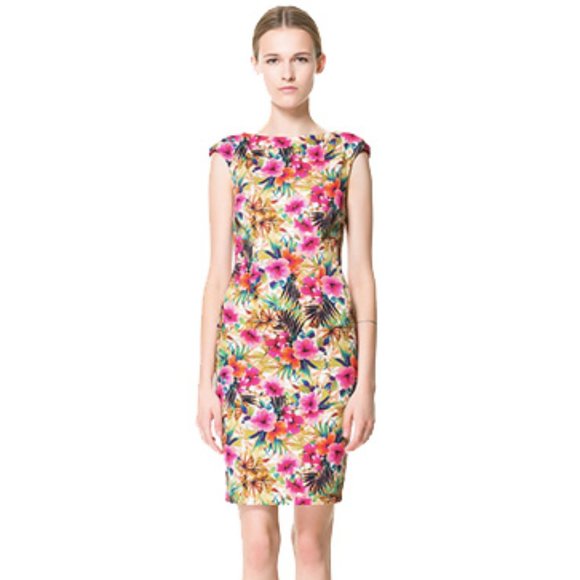 Zara Floral Tropical Print Stretch Pencil Dress S - Picture 1 of 8